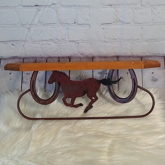 Western Horse Float Shelf Towel Bar Wood Metal Horseshoe Cowboy Wall Art Rustic - Picture 8 of 17
